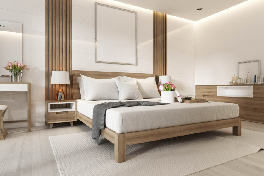 Modern light bedroom with wooden furniture in Scandinavian style. 3D rendering